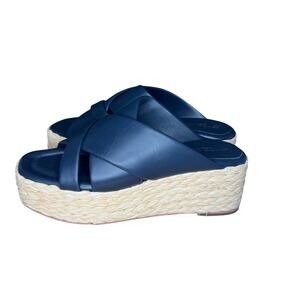 Andre Assous Dark Blue  Leather Espadrille Platform Slip On Wedge Sandals 39 EU